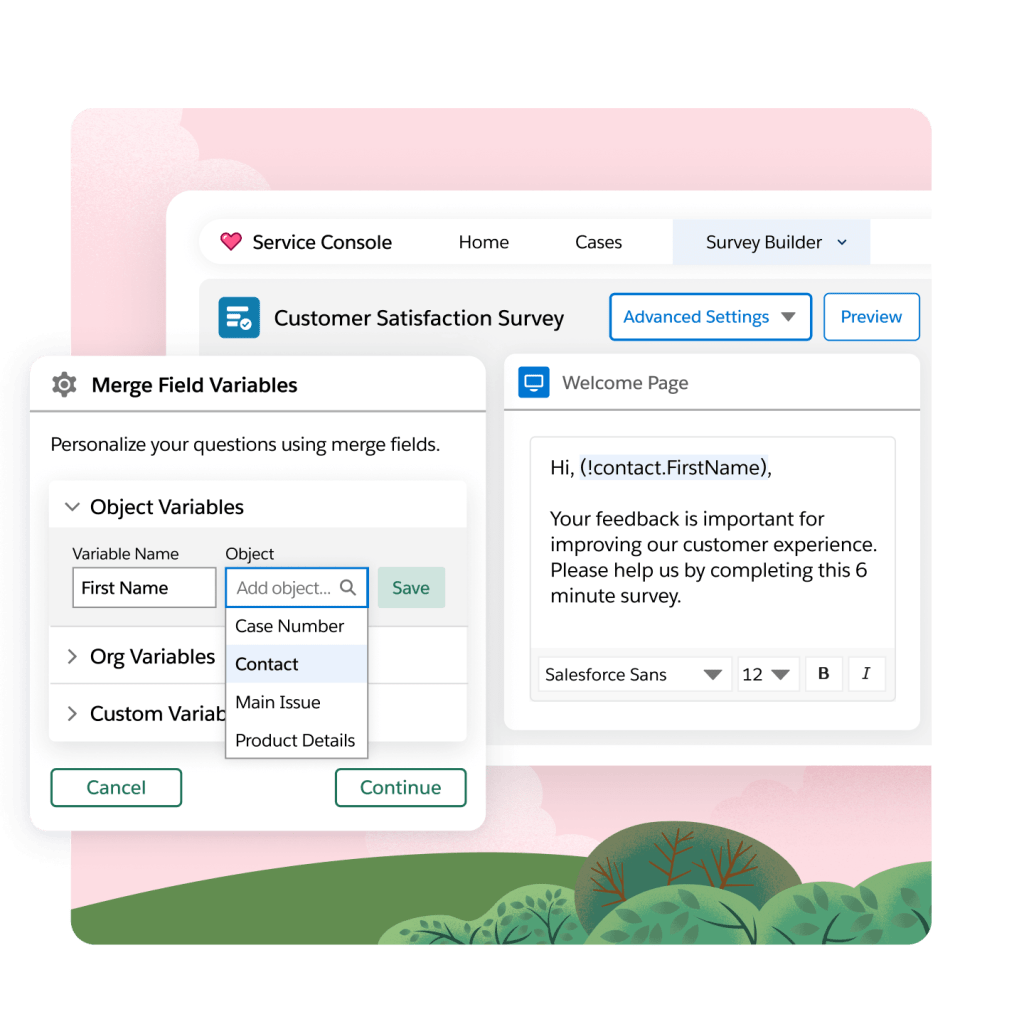 An example of merging a survey into a personalized email in the Salesforce Surveys dashboard