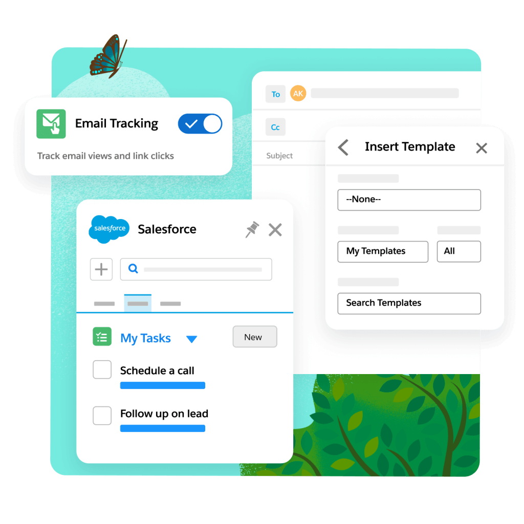 A dashboard displays engaged email tracking, a list of tasks for a specific lead, and a drop-down email template builder.