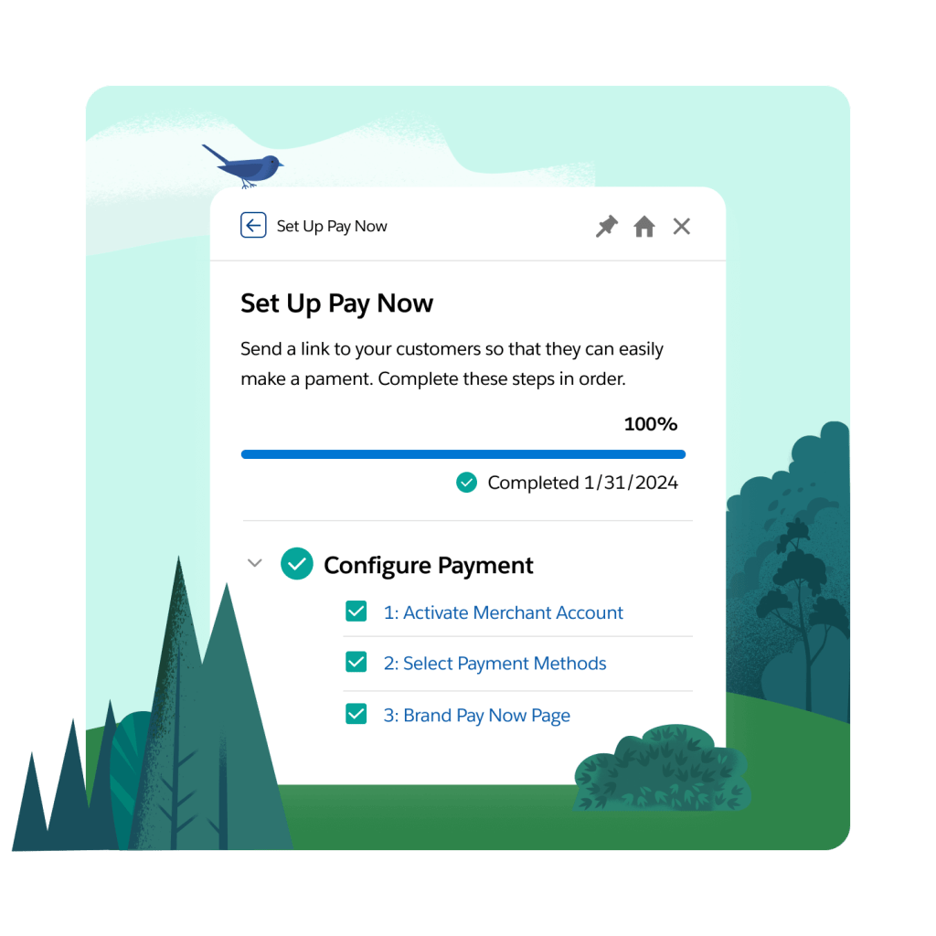 A UI showing how to set up a Pay Now link to send to customers, and the ability to configure the payment.