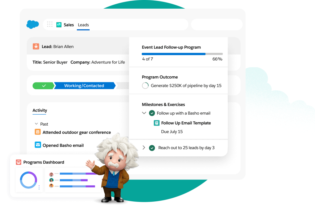 A sales lead dashboard shows the activity and progress of a lead with pop-outs for follow-ups and a programs dashboard.