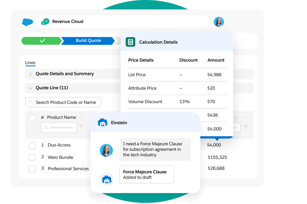 Windows show quote builder template and popouts for calculation breakdowns and Einstein AI to add sections to the quote.