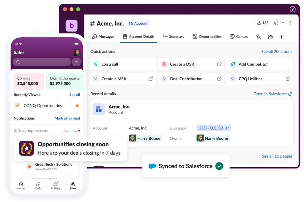 Salesforce data is shown directly integrated into the Slack app, with deal insights, sales notifications, deal updates, and opportunity details all featured.
