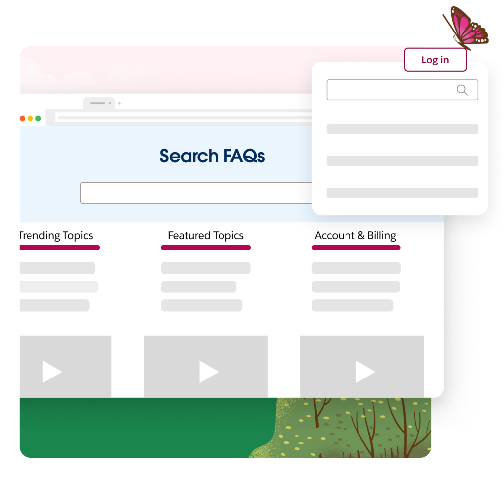 A screen shows an option to search FAQs with categories such as trending topics, featured topics, and account & billing.