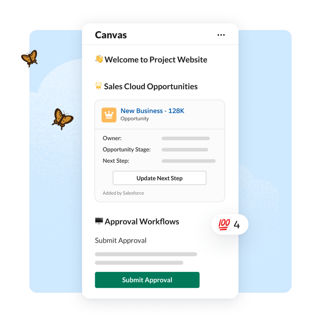A Slack window shows Sales Cloud opportunties with infor such as the owner, opportunity stage, and next step.
