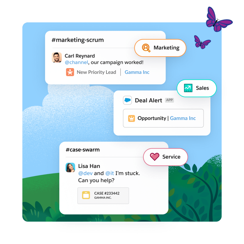 A Slack window shows Sales, Service, and Marketing tool options.