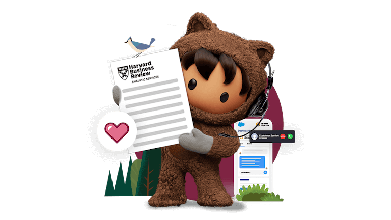 Salesforce Astro holds a copy of a report by HBR while a phone next to him displays a customer service chat screen.