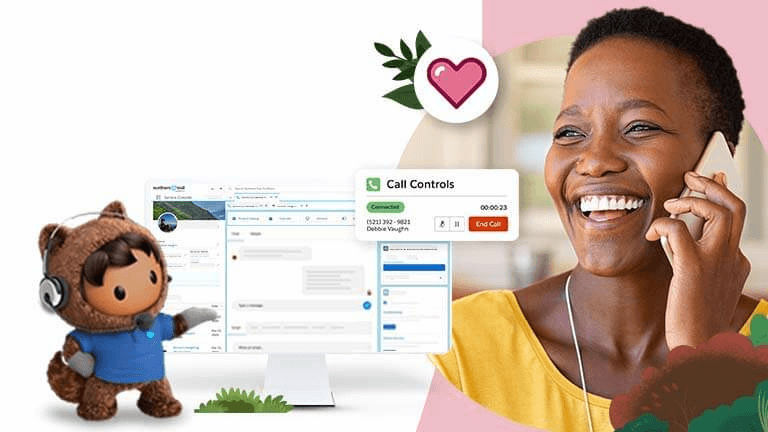 Salesforce Astro next to screenshots of Service Cloud product screens and a person on the phone, with the Service Cloud heart logo next to them