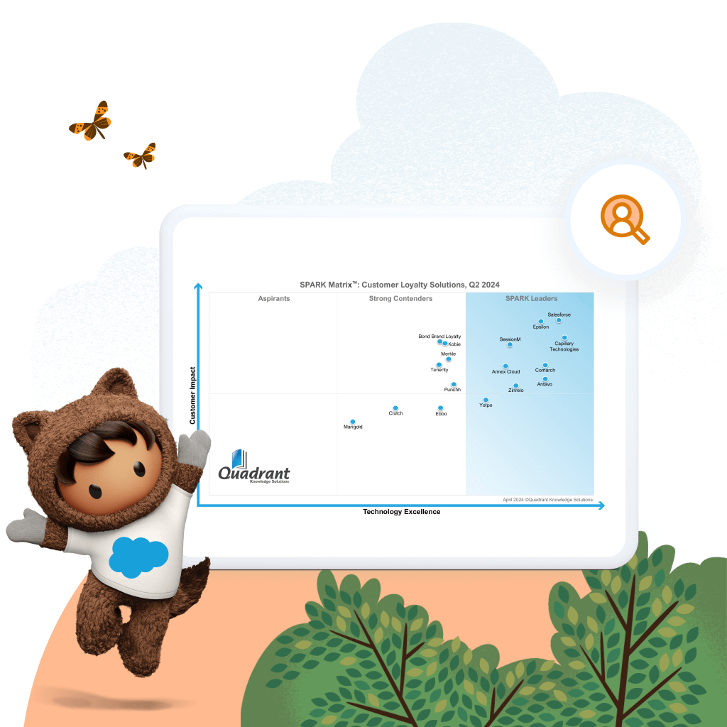 Astro jumping in excitement in front of a tablet device showing the Spark Customer Loyalty Report