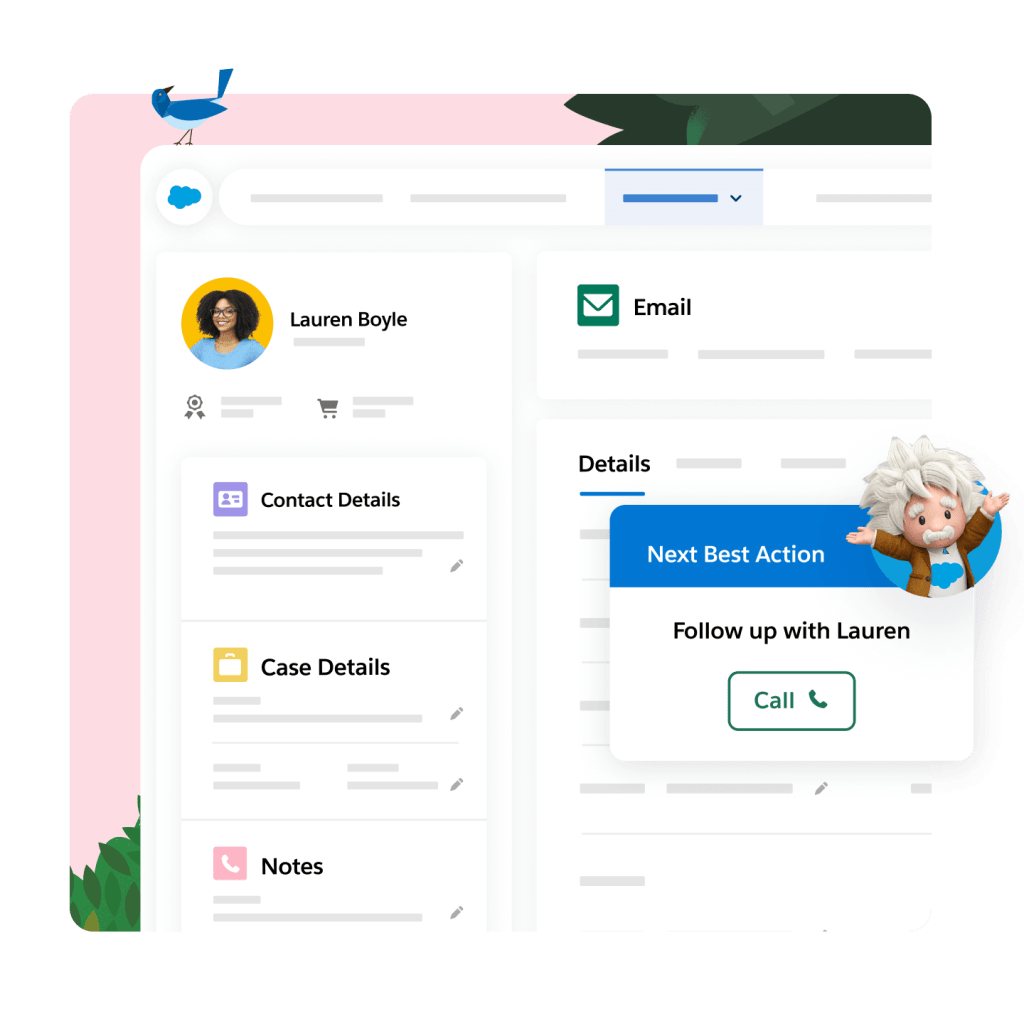 A 360-degree view of a case, including contact details, case details, and notes about customer.