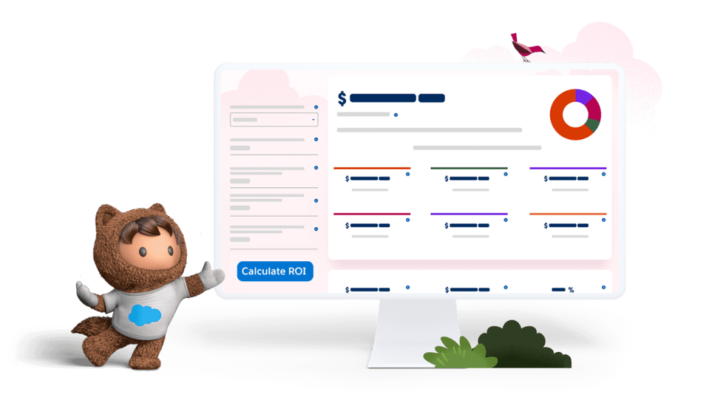 Salesforce's Astro mascot standing in front of a product window showing automated customer service features. 