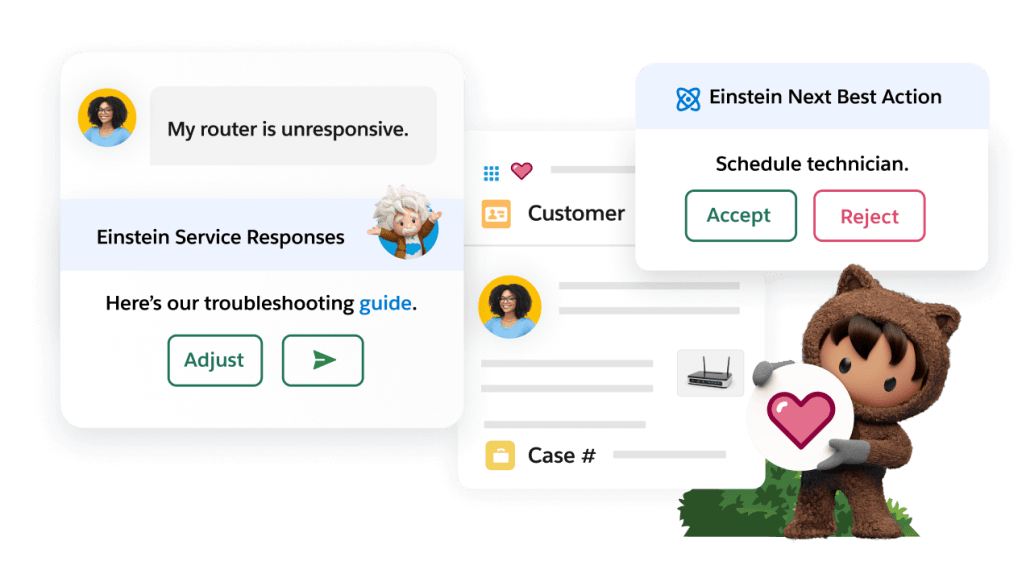 Salesforce mascot Astro standing next to customer service AI workflows found within Service Cloud. 
