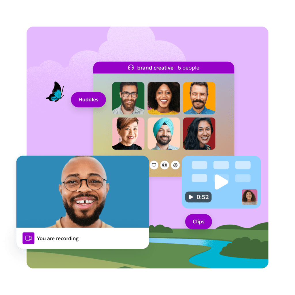 Huddles, clips, and collaboration channels on Slack.