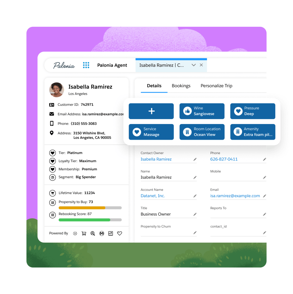 A Palonia Agent profile with guest preferences highlighted.