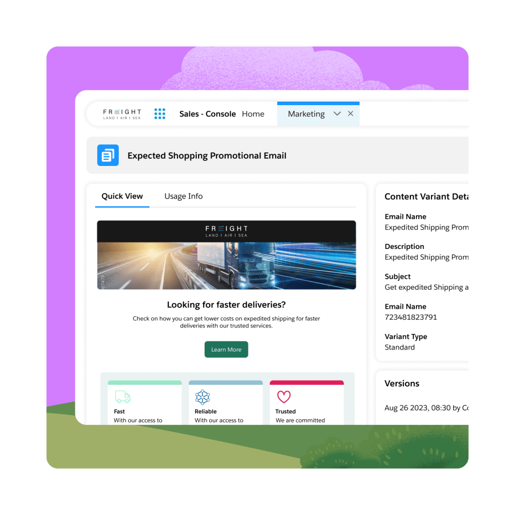 The marketing section for a sales console of a freight company